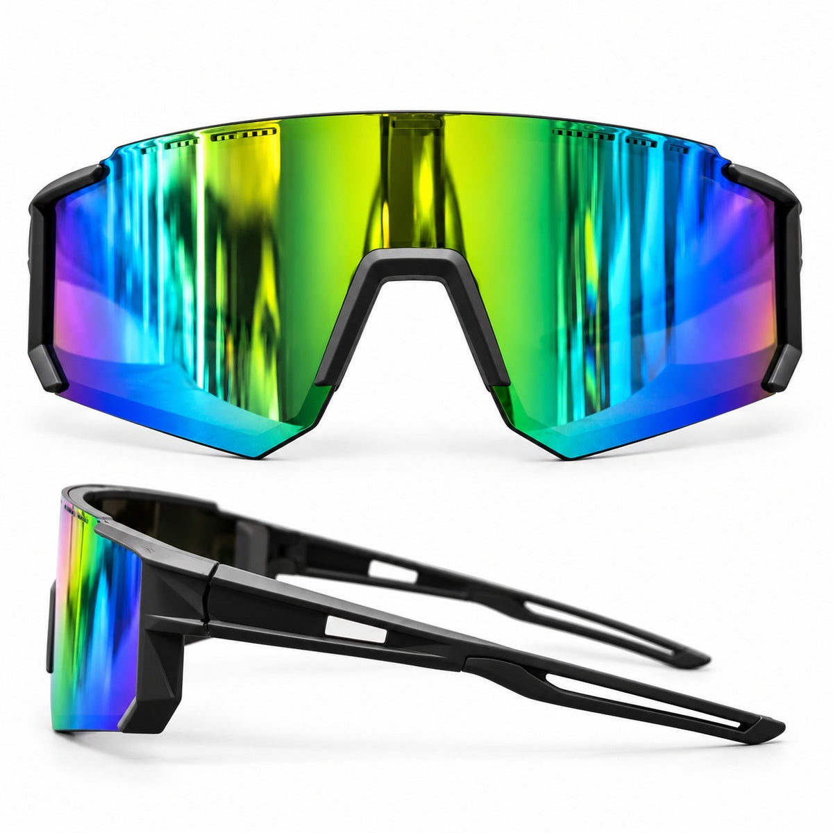 Black Sports Sunglasses with Multicolor Reflective Lens