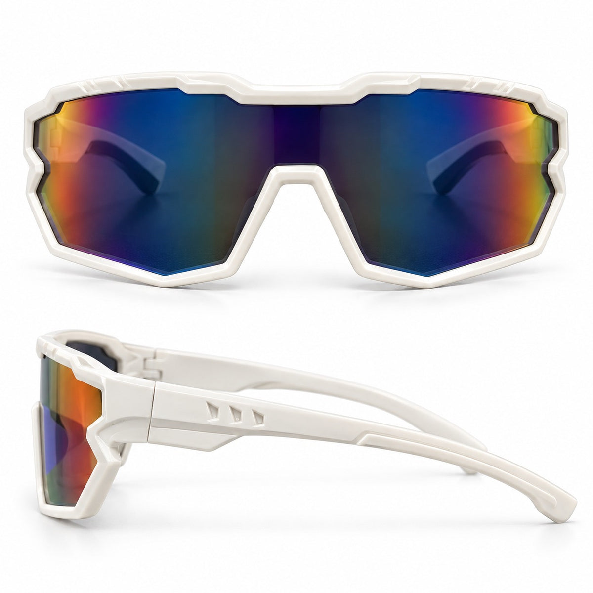 White Sports Sunglasses with Multicolor Reflective Lens